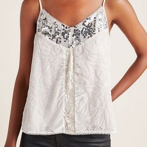 Anthropologie White and Silver Embellished Tank Top